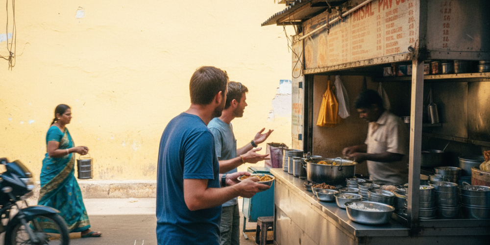 Two foreign tourists ordering misal pav at a street stall in Pune — a practical Pune food guide moment captured candidly, with a motorbike and locals passing in the background