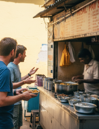 Two foreign tourists ordering misal pav at a street stall in Pune — a practical Pune food guide moment captured candidly, with a motorbike and locals passing in the background thumbnail