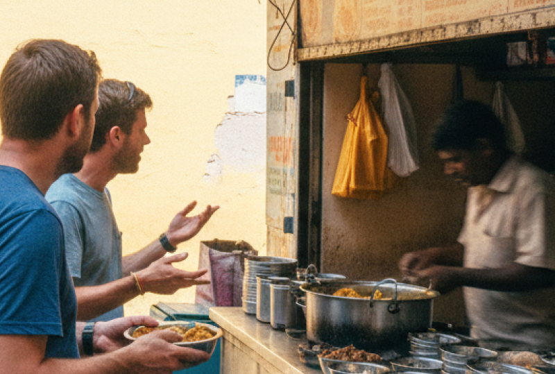 Two foreign tourists ordering misal pav at a street stall in Pune — a practical Pune food guide moment captured candidly, with a motorbike and locals passing in the background thumbnail