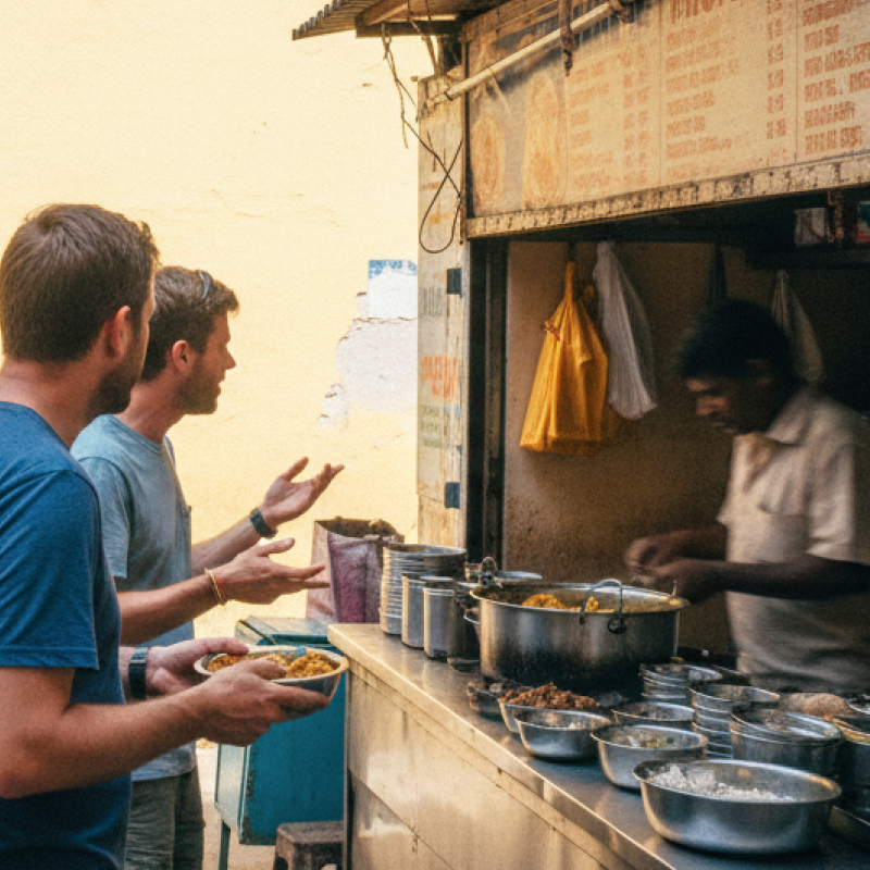 Two foreign tourists ordering misal pav at a street stall in Pune — a practical Pune food guide moment captured candidly, with a motorbike and locals passing in the background thumbnail