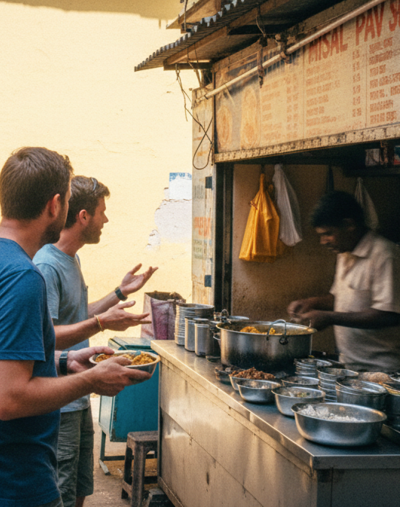 Two foreign tourists ordering misal pav at a street stall in Pune — a practical Pune food guide moment captured candidly, with a motorbike and locals passing in the background thumbnail