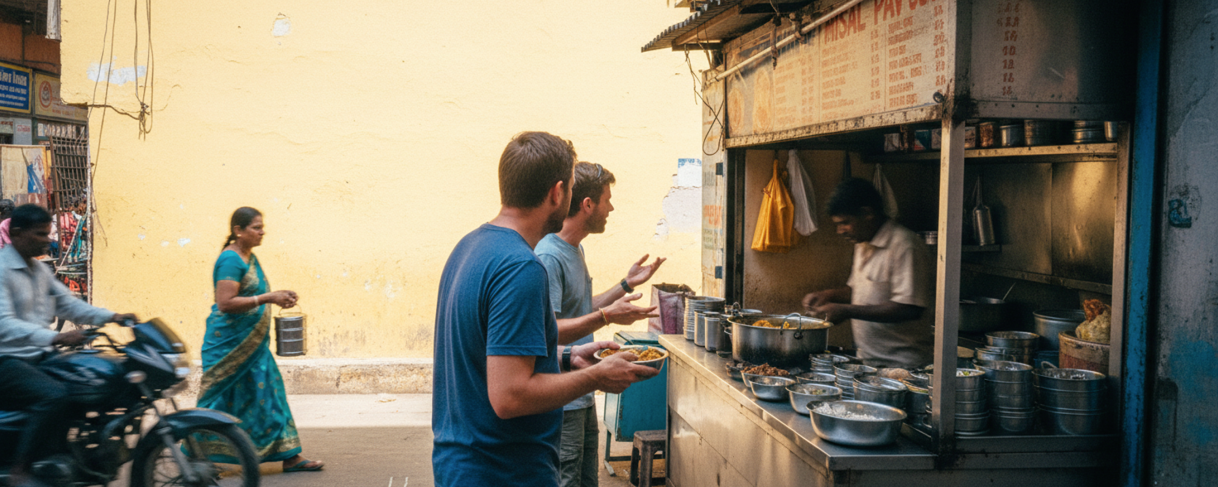 Two foreign tourists ordering misal pav at a street stall in Pune — a practical Pune food guide moment captured candidly, with a motorbike and locals passing in the background