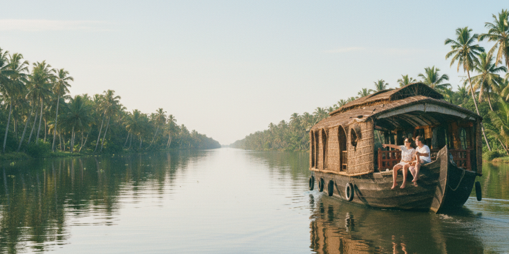 Two tourists on a traditional houseboat drifting through the palm lined backwater canals near Kochi — a must do experience covered in this Kochi travel guide