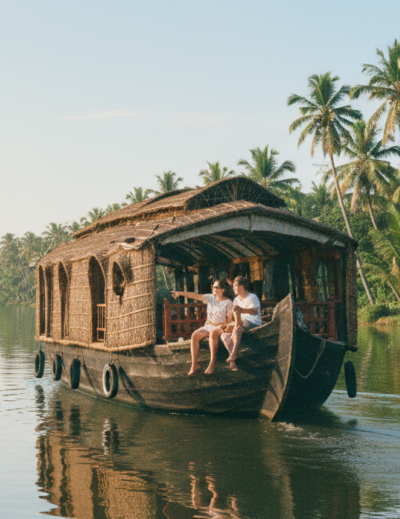 Two tourists on a traditional houseboat drifting through the palm lined backwater canals near Kochi — a must do experience covered in this Kochi travel guide thumbnail
