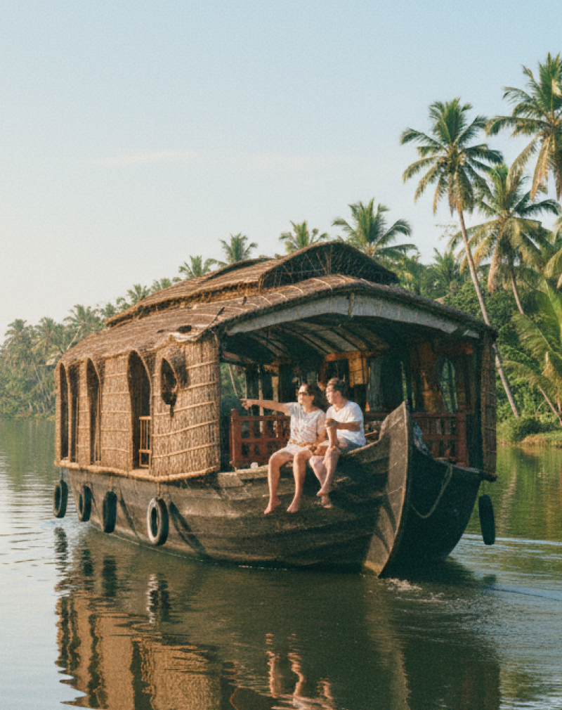 Two tourists on a traditional houseboat drifting through the palm lined backwater canals near Kochi — a must do experience covered in this Kochi travel guide thumbnail