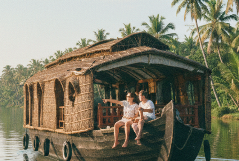 Two tourists on a traditional houseboat drifting through the palm lined backwater canals near Kochi — a must do experience covered in this Kochi travel guide thumbnail