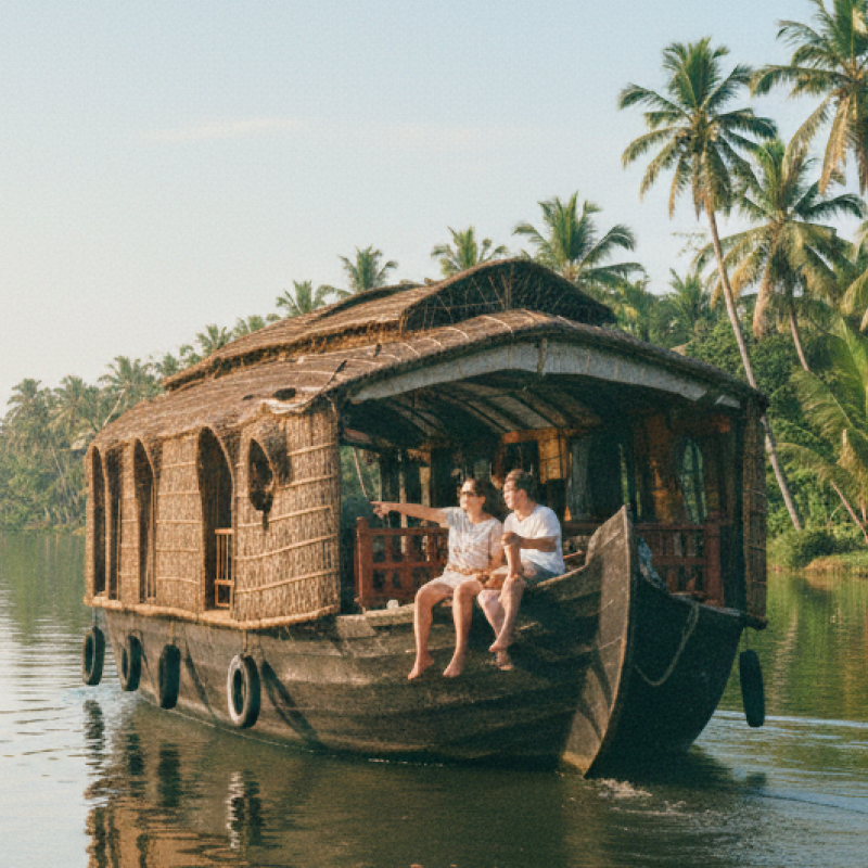 Two tourists on a traditional houseboat drifting through the palm lined backwater canals near Kochi — a must do experience covered in this Kochi travel guide thumbnail