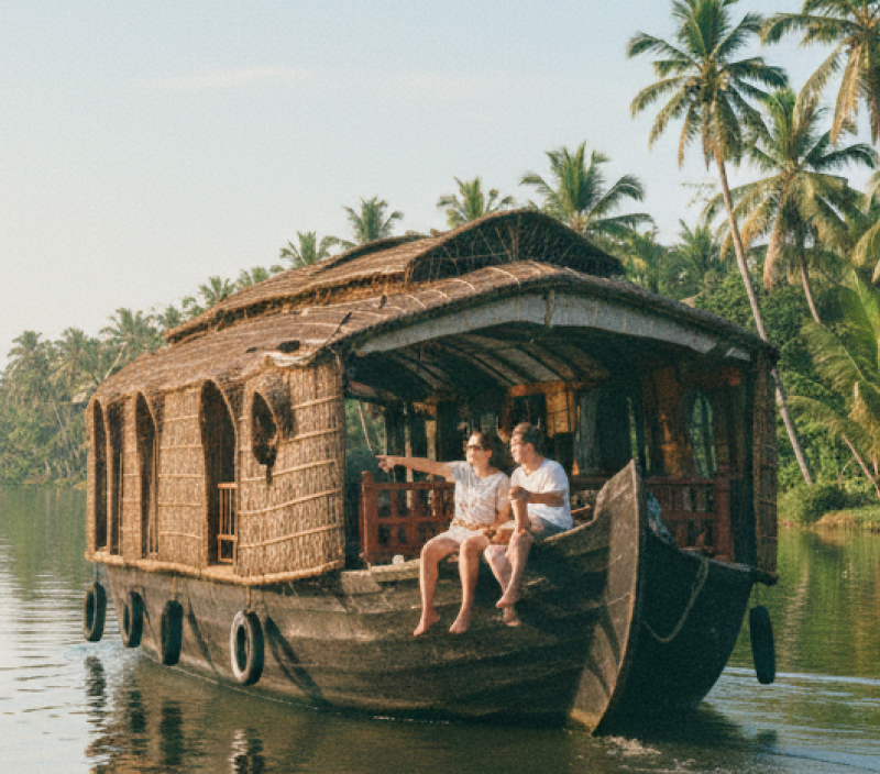 Two tourists on a traditional houseboat drifting through the palm lined backwater canals near Kochi — a must do experience covered in this Kochi travel guide thumbnail
