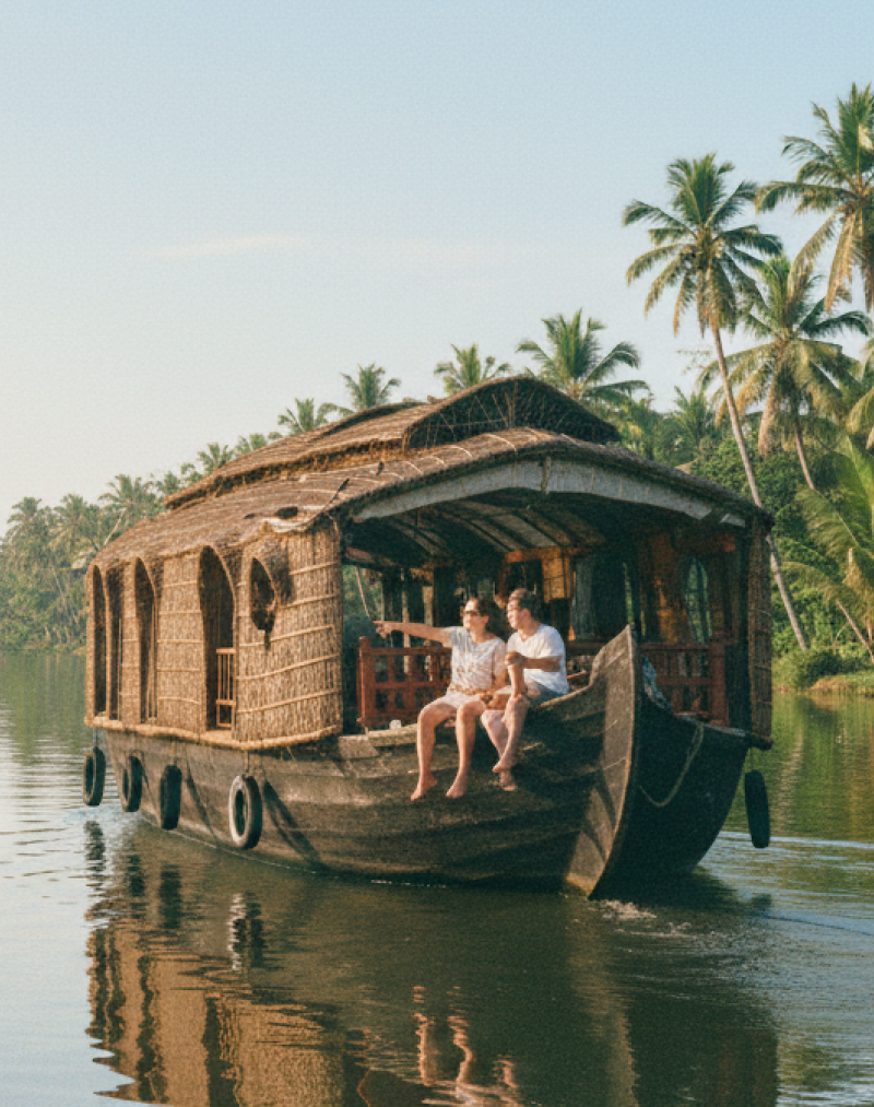 Two tourists on a traditional houseboat drifting through the palm lined backwater canals near Kochi — a must do experience covered in this Kochi travel guide thumbnail