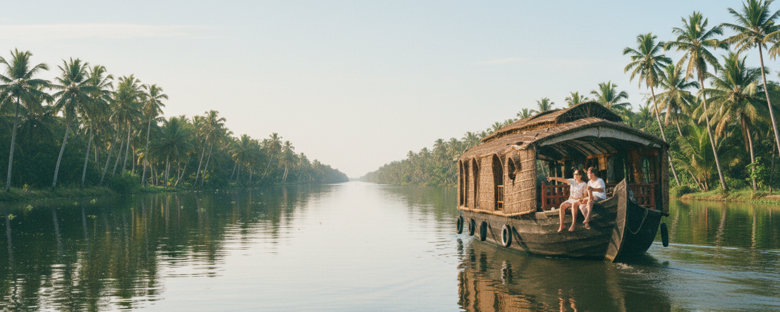 Two tourists on a traditional houseboat drifting through the palm lined backwater canals near Kochi — a must do experience covered in this Kochi travel guide