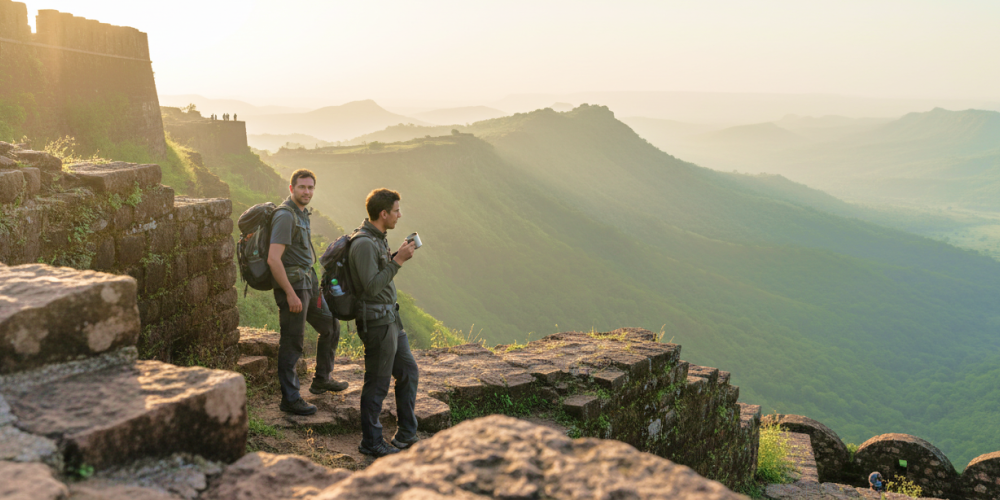Two travellers with backpacks standing on the ramparts of Sinhagad Fort at sunrise, overlooking the misty Western Ghats — a highlight of any Pune itinerary