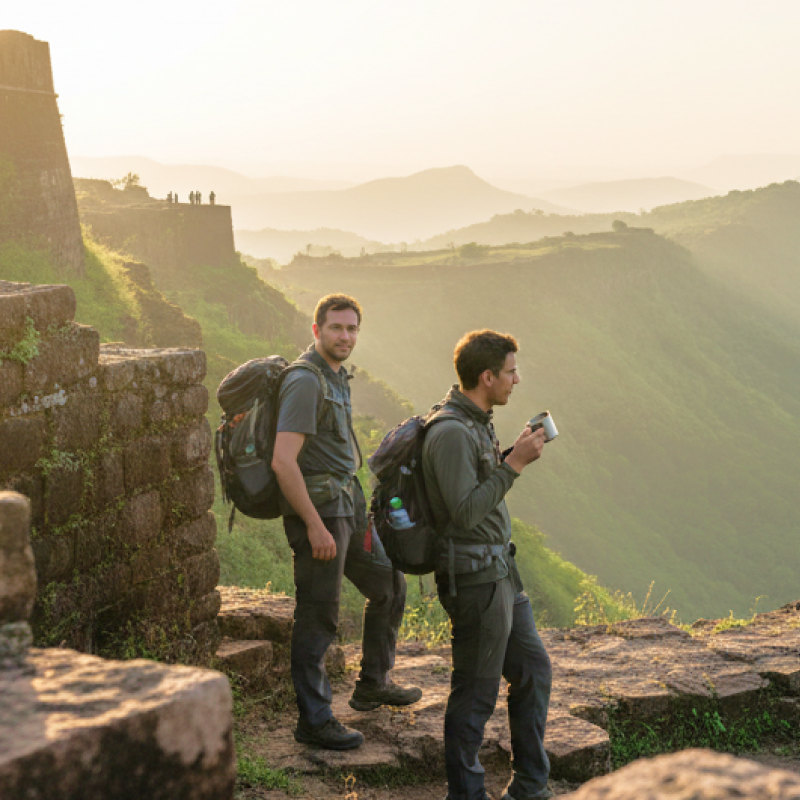 Two travellers with backpacks standing on the ramparts of Sinhagad Fort at sunrise, overlooking the misty Western Ghats — a highlight of any Pune itinerary thumbnail