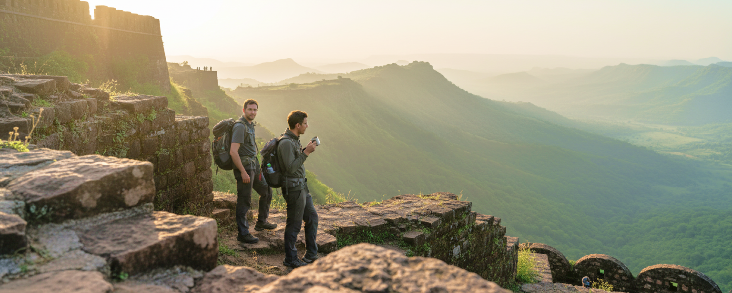 Two travellers with backpacks standing on the ramparts of Sinhagad Fort at sunrise, overlooking the misty Western Ghats — a highlight of any Pune itinerary