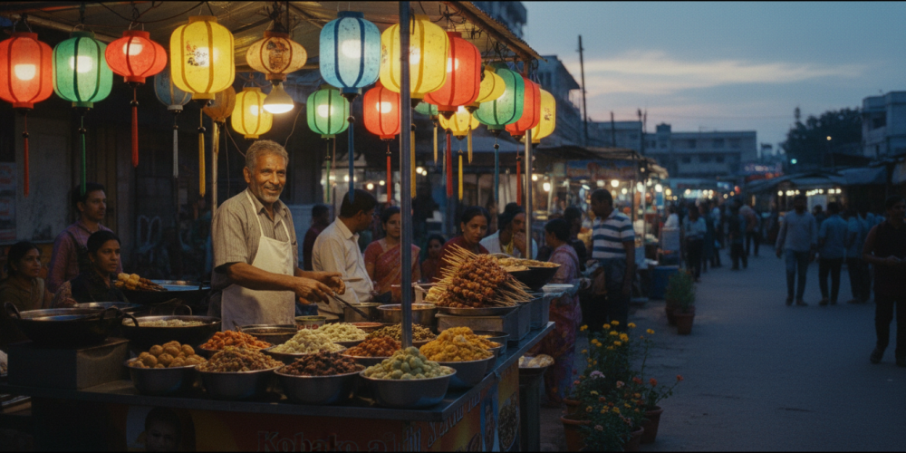 freepik delhi street food stall at dusk in spring. colorful lanterns cast a warm light on a variety of chaats and kebabs. the streets are clean and the sky is a clear fading blue.