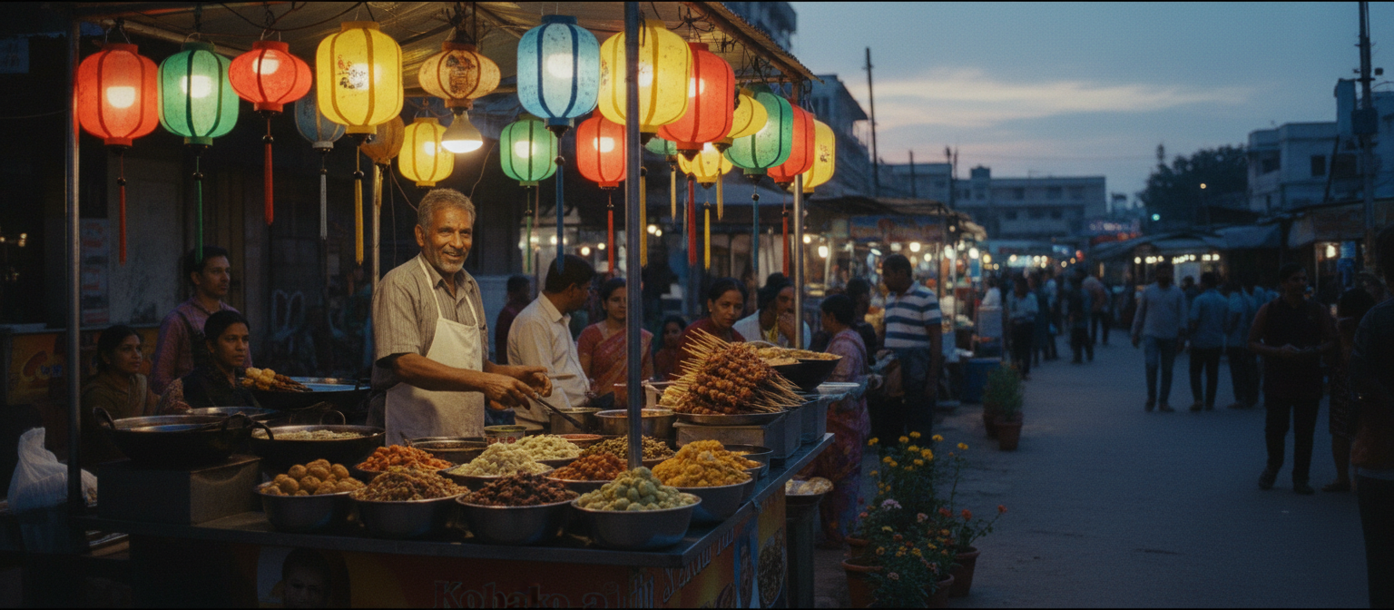 freepik delhi street food stall at dusk in spring. colorful lanterns cast a warm light on a variety of chaats and kebabs. the streets are clean and the sky is a clear fading blue.