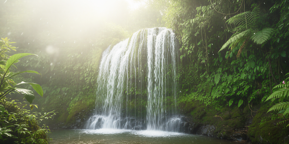 A magnificent waterfall in Meghalaya cascading into a misty jungle pool, surrounded by lush tropical greenery. a breathtaking natural sight to discover in India in June and July