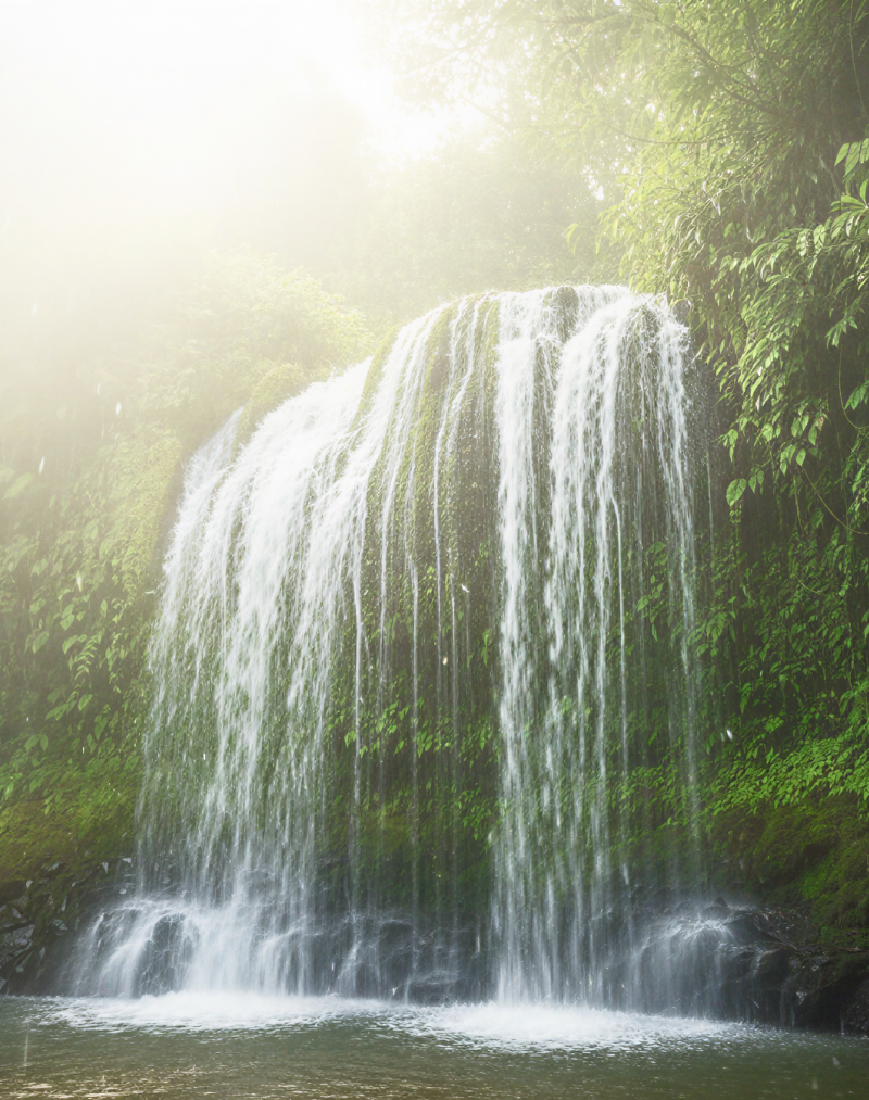 A magnificent waterfall in Meghalaya cascading into a misty jungle pool, surrounded by lush tropical greenery. a breathtaking natural sight to discover in India in June and July thumbnail