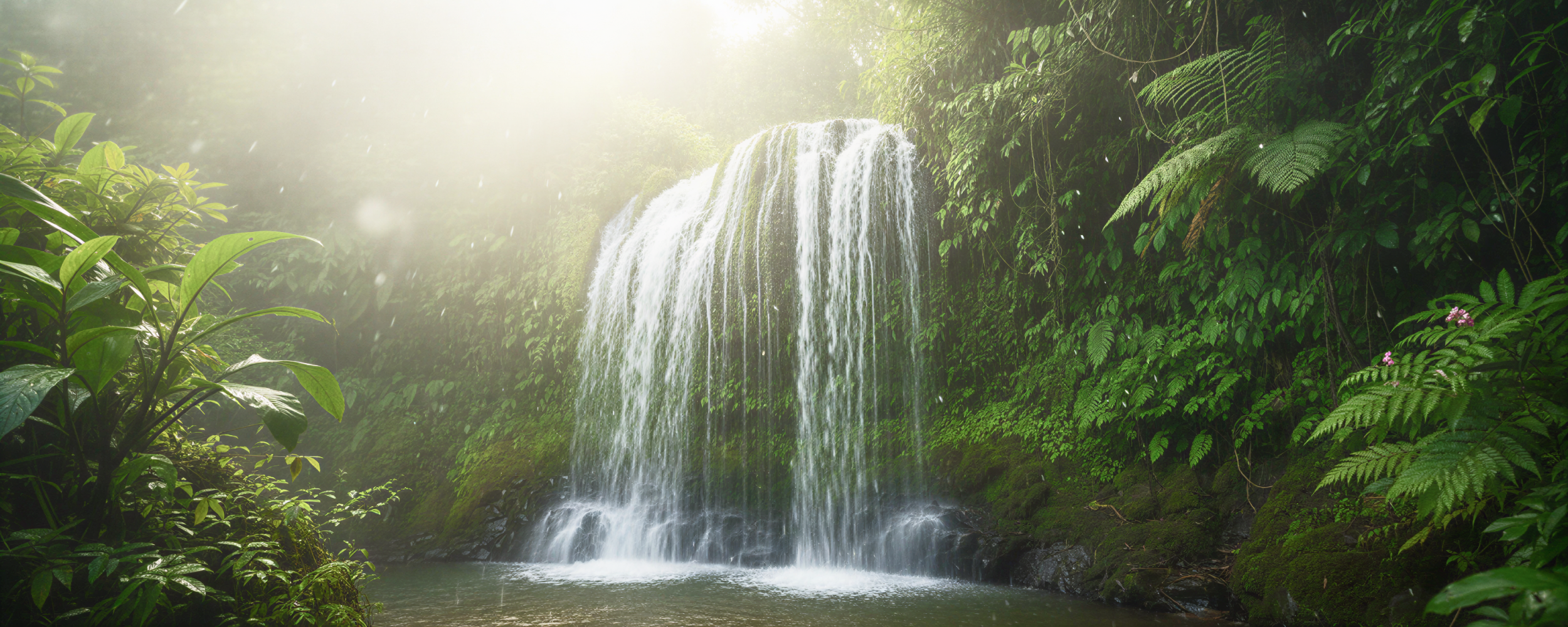 A magnificent waterfall in Meghalaya cascading into a misty jungle pool, surrounded by lush tropical greenery. a breathtaking natural sight to discover in India in June and July