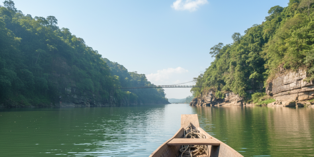 A wooden boat navigating a lush green river gorge with a suspension bridge ahead, a scenic river journey to experience in India in June and July