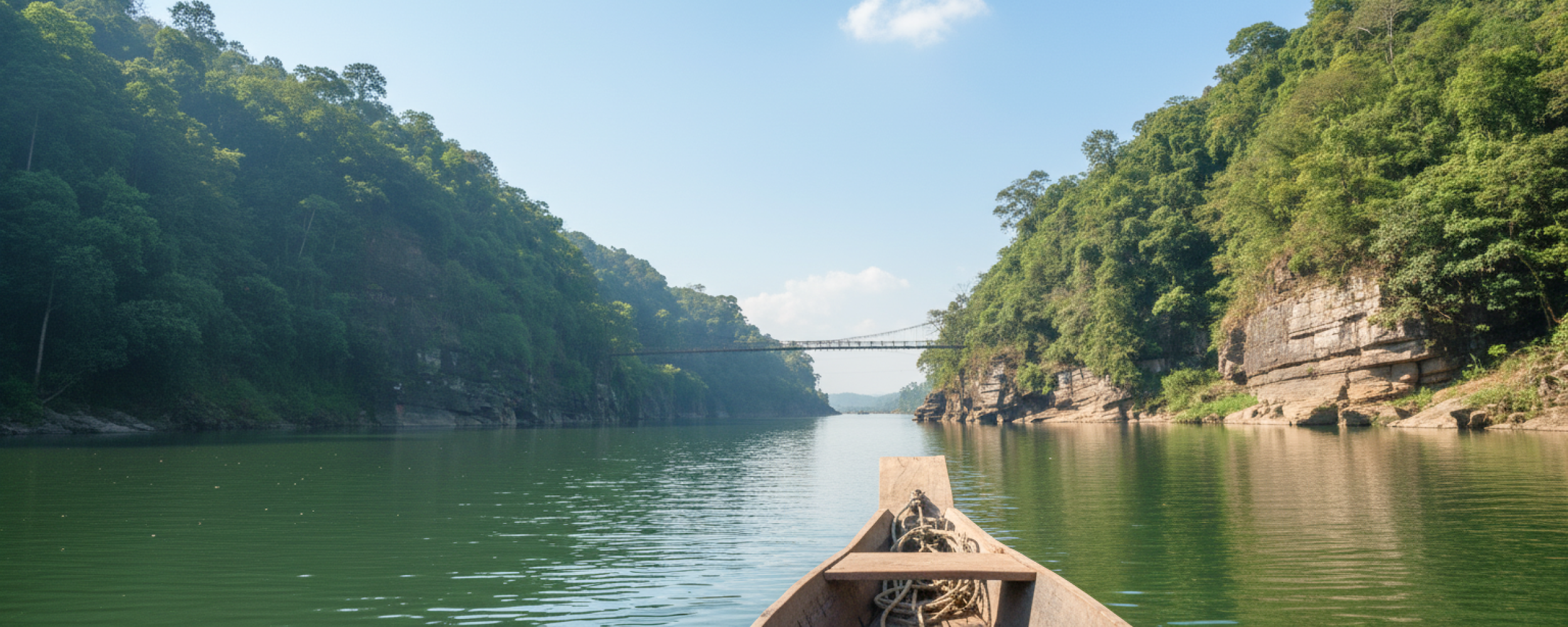 A wooden boat navigating a lush green river gorge with a suspension bridge ahead, a scenic river journey to experience in India in June and July