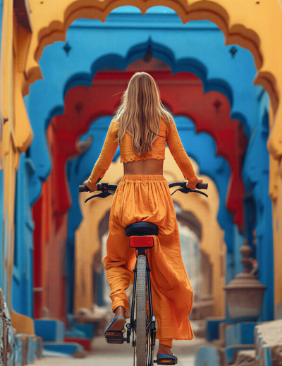 A tourist in an orange outfit cycling through a vibrant archway lined Indian street, exploring the country with cashless payments in India for tourists making travel effortless thumbnail