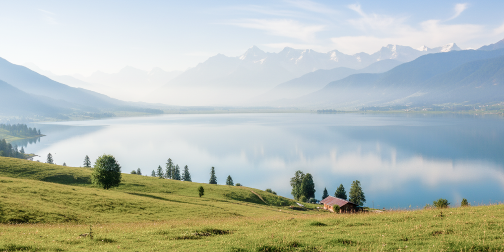 Panoramic view of a serene alpine lake surrounded by snow capped mountains and green meadows — Kashmir travel guide
